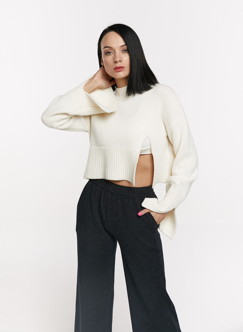 Cropped Cashmere Sweater With Slit Sleeves