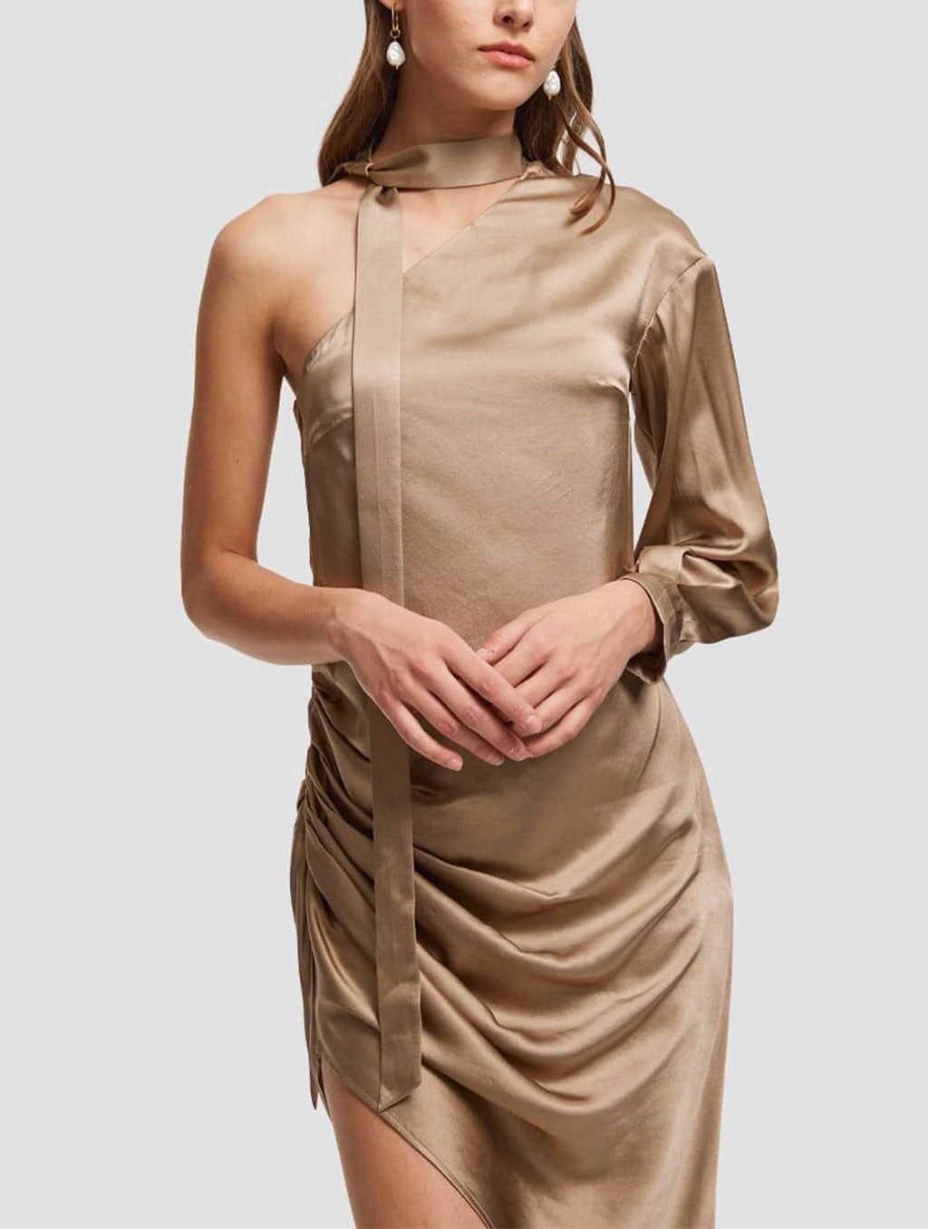 Asymmetric Sleeve Silk Dress