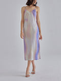 Aurora Pattern Side Slit Silk Slip Dress