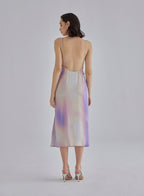 Aurora Pattern Side Slit Silk Slip Dress