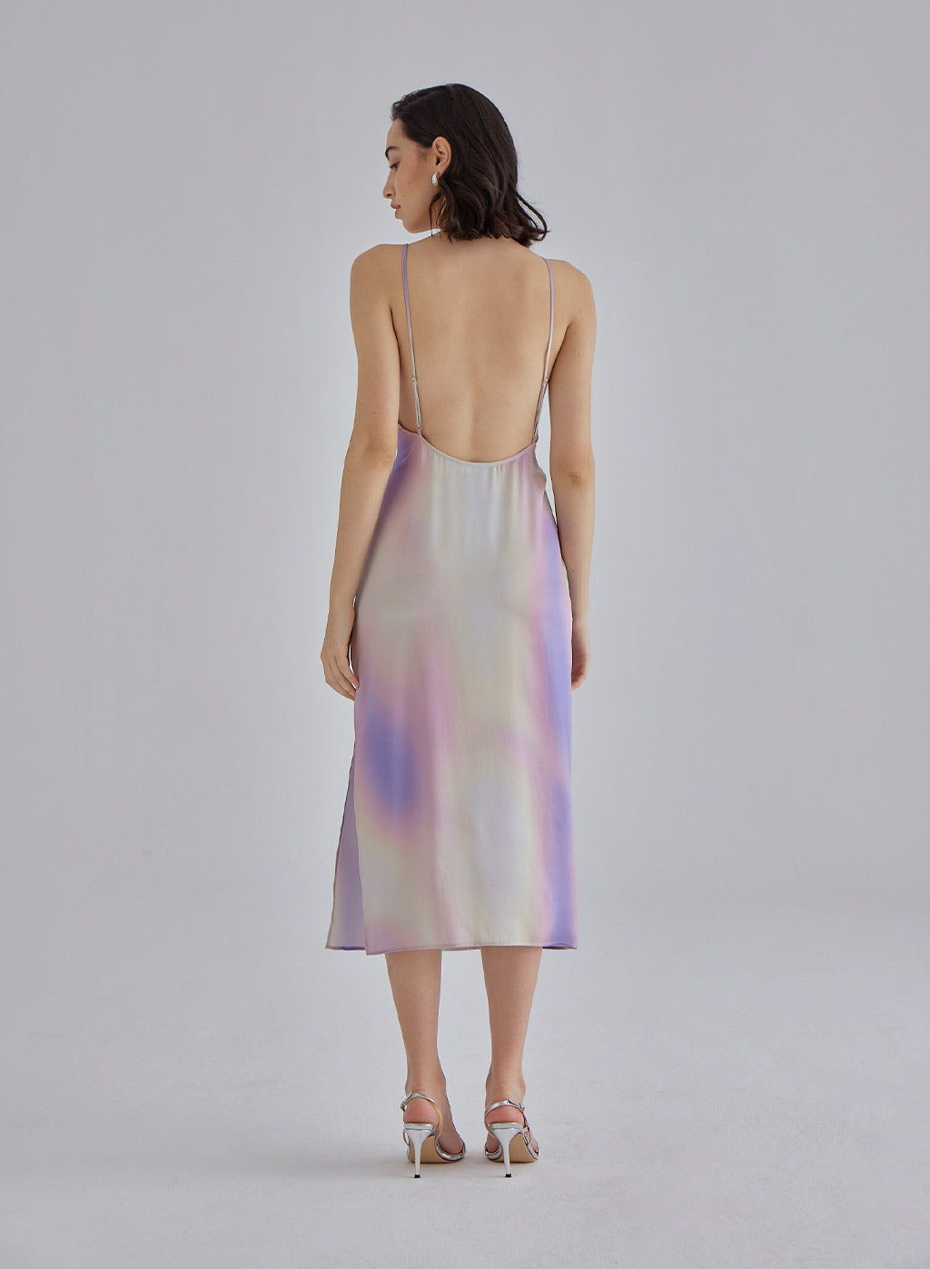 Aurora Pattern Side Slit Silk Slip Dress