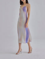 Aurora Pattern Side Slit Silk Slip Dress