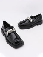 Black rhinestone small leather shoes