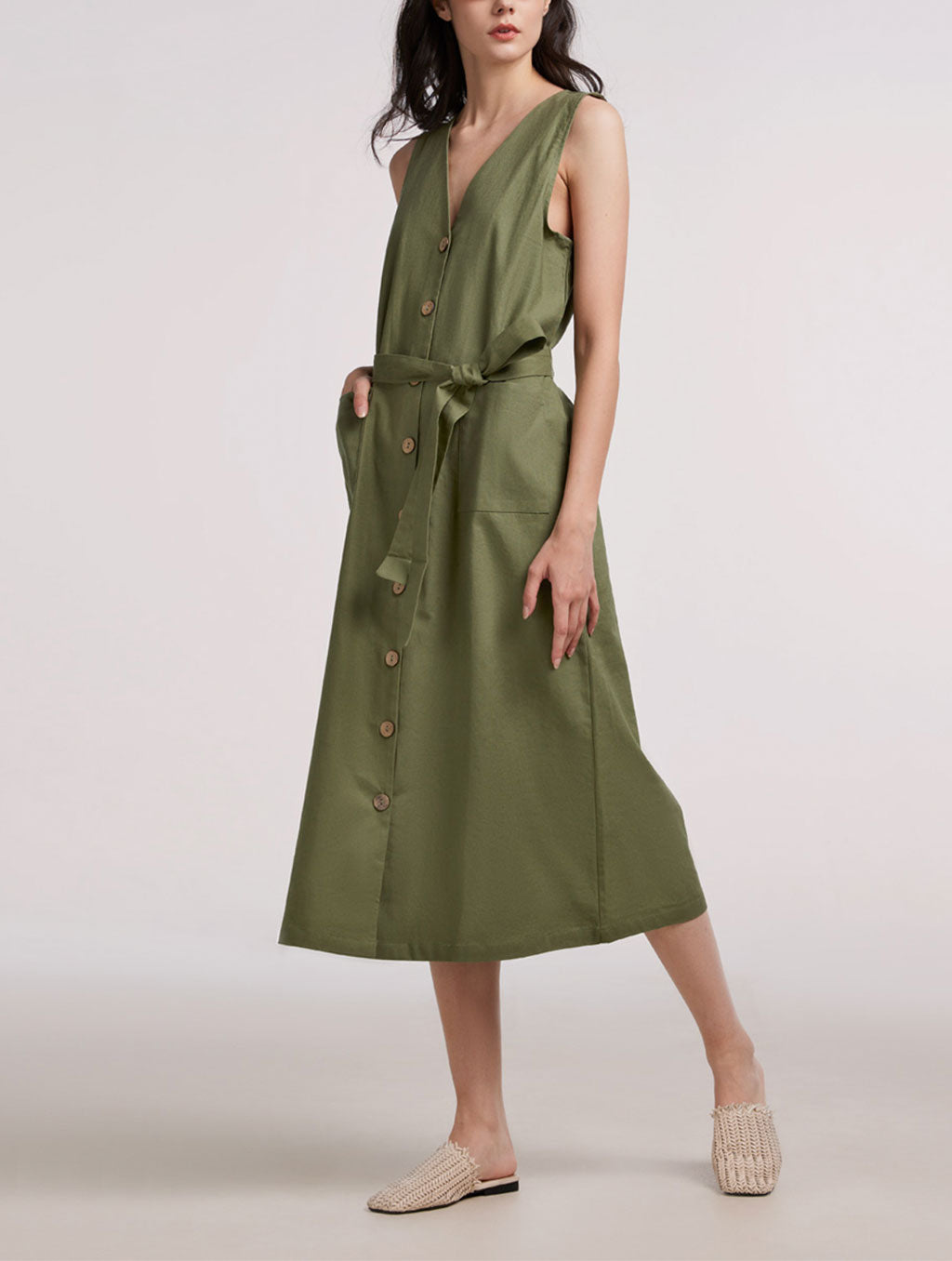 Breezy V-Neck Midi Dress In Waist Tie