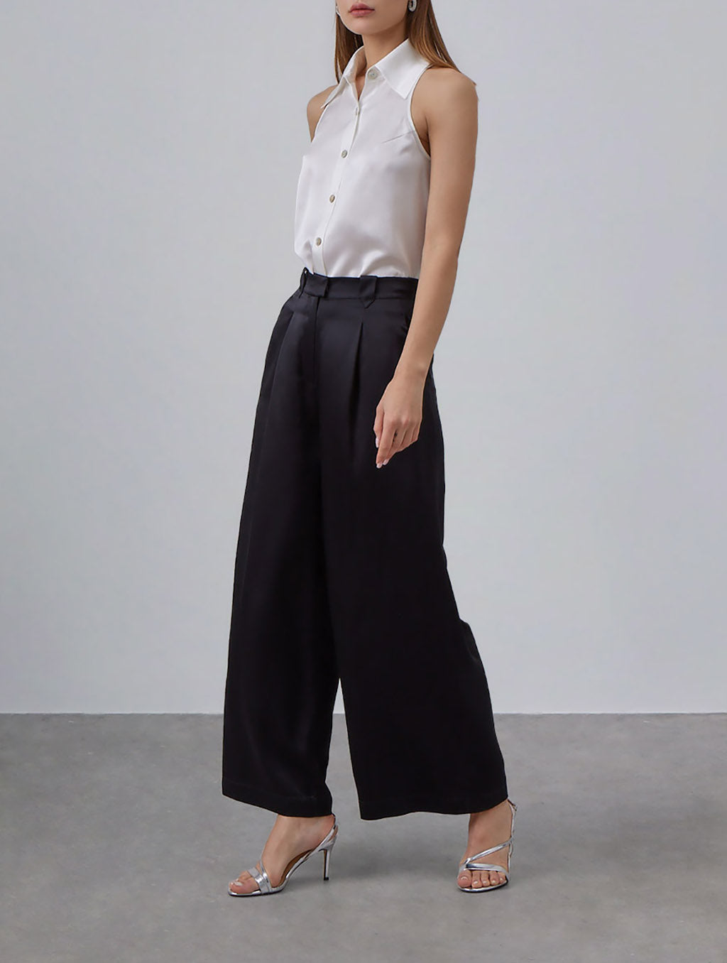Casual Pleated Silk Wide-Leg Pants