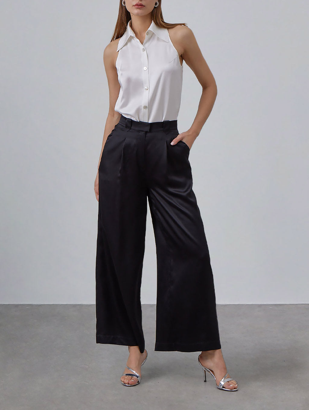Casual Pleated Silk Wide-Leg Pants