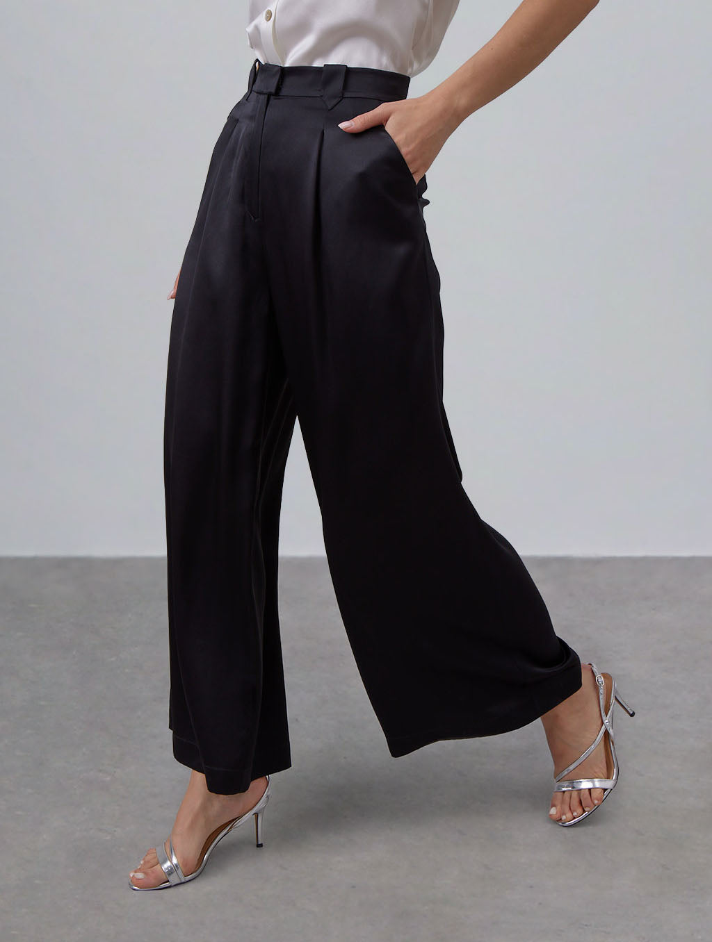 Casual Pleated Silk Wide-Leg Pants