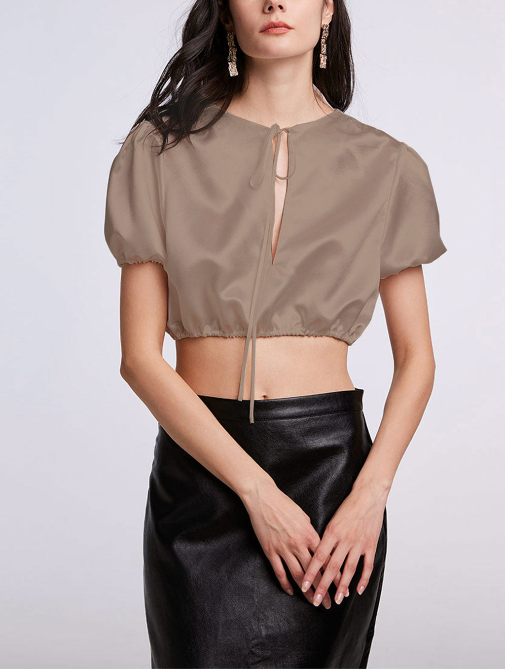 Cropped Tie And Round Neck Top