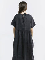 100% Linen Back Lace Up Midi Dress