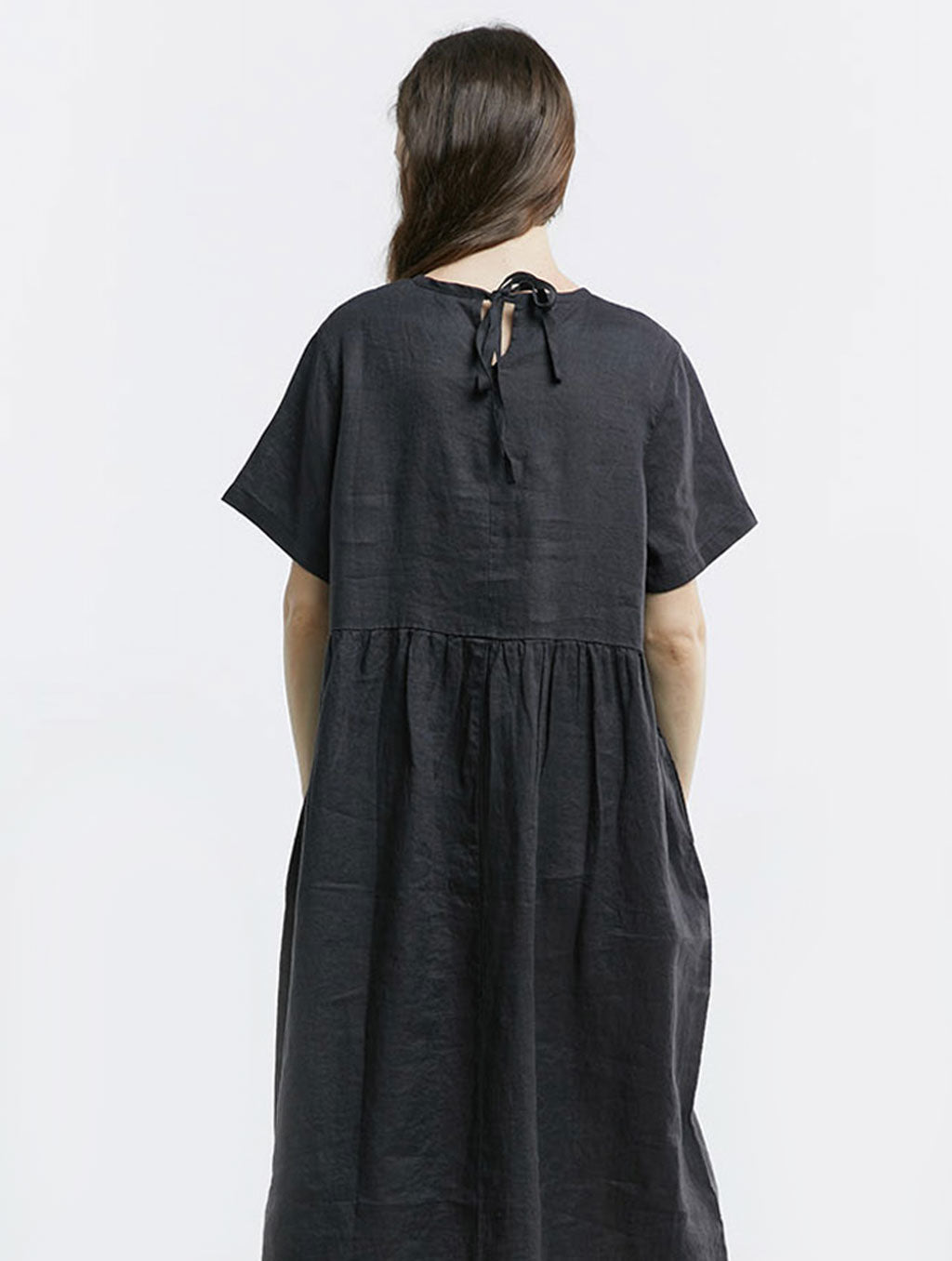 100% Linen Back Lace Up Midi Dress