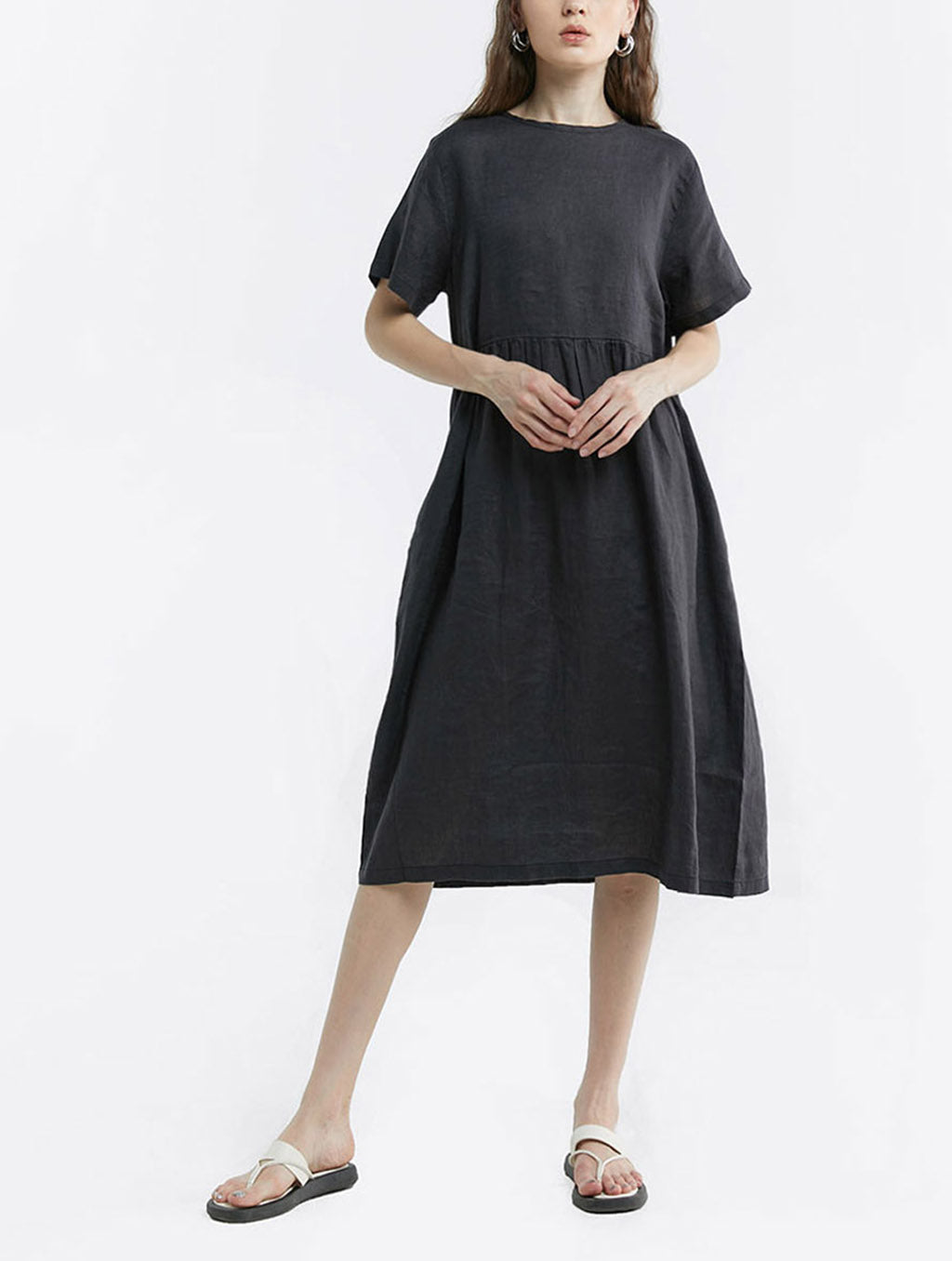 100% Linen Back Lace Up Midi Dress