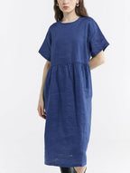 100% Linen Back Lace Up Midi Dress