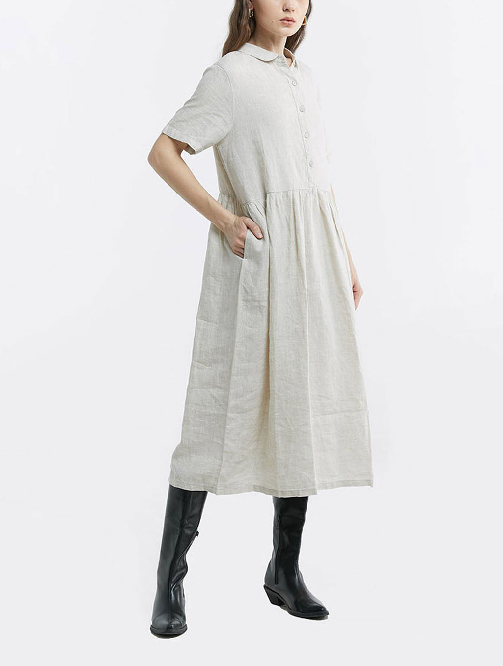 100% Linen Buttoned Front Midi Dress