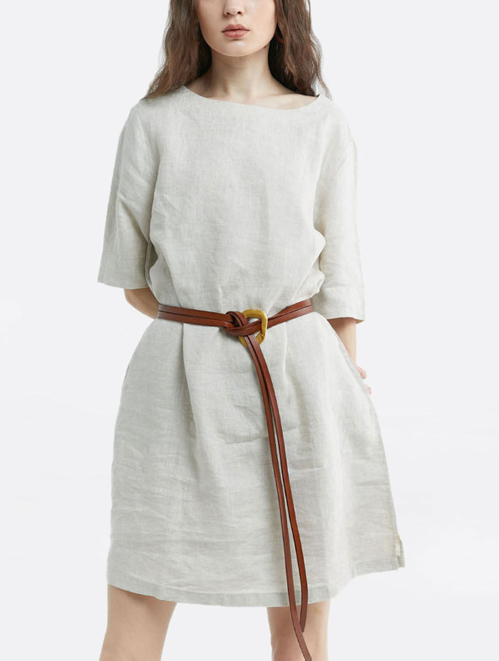 100% Linen Seam Detail Midi Dress