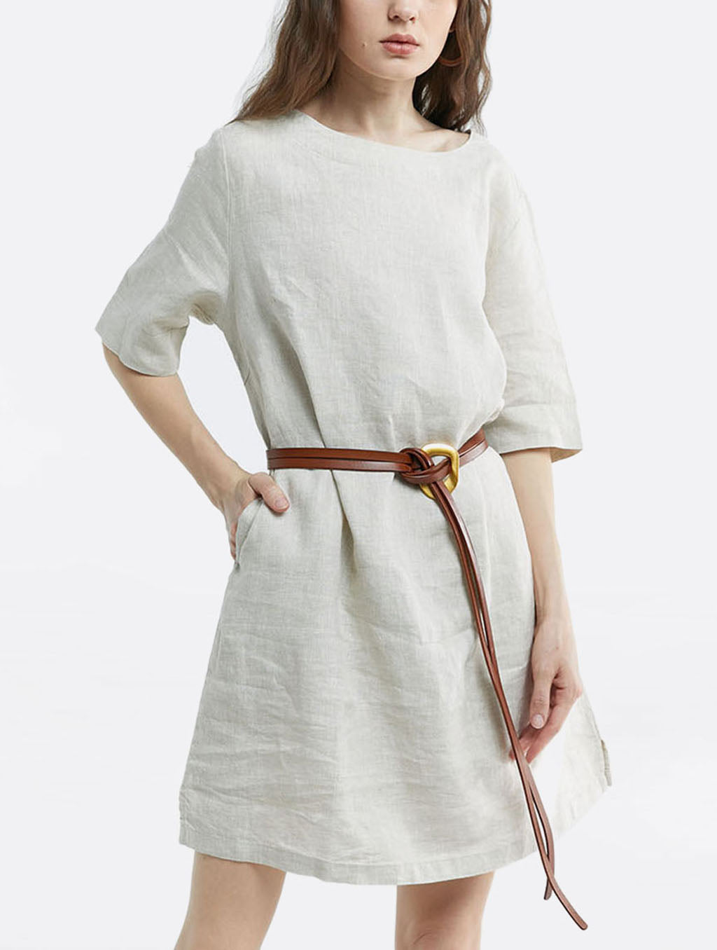100% Linen Seam Detail Midi Dress