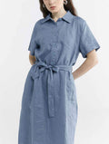 100% Linen Short Sleeve Belted Midi Dress