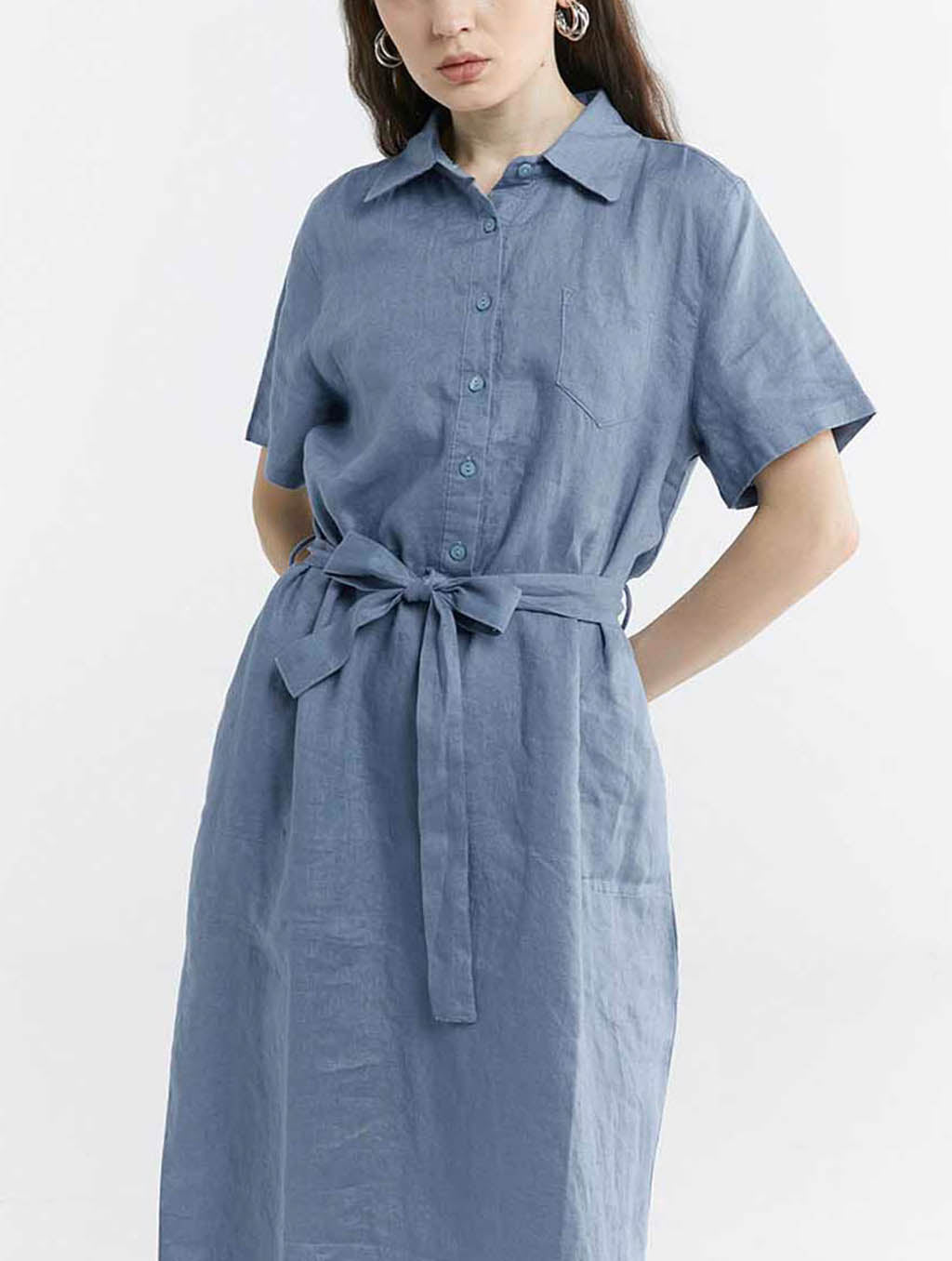 100% Linen Short Sleeve Belted Midi Dress