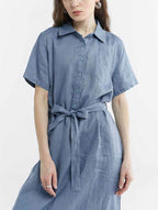 100% Linen Short Sleeve Belted Midi Dress