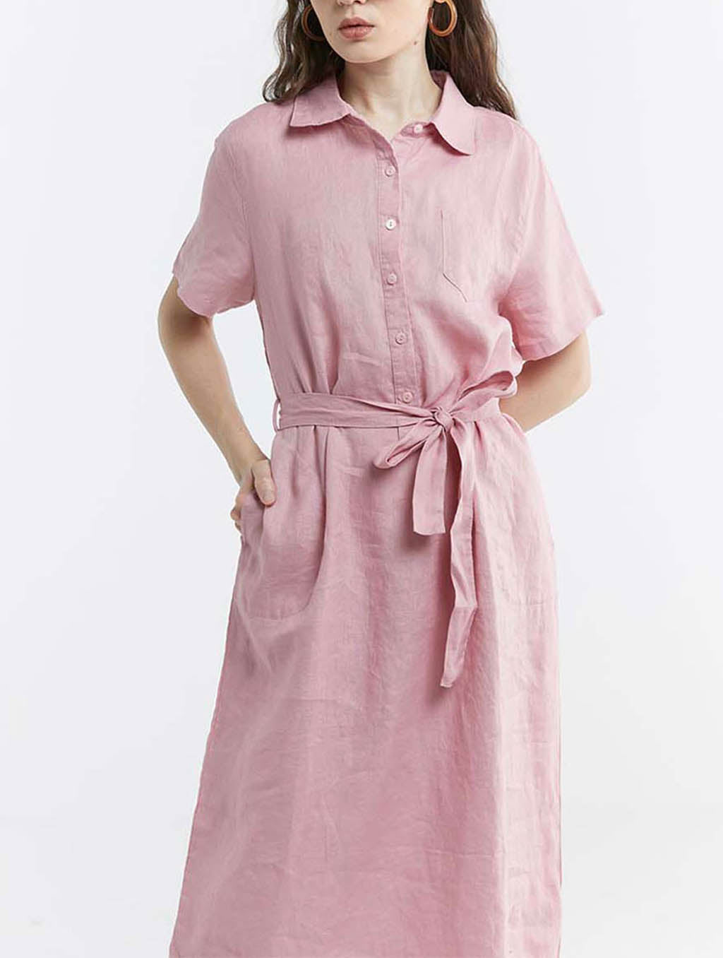 100% Linen Short Sleeve Belted Midi Dress