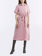 100% Linen Short Sleeve Belted Midi Dress