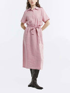 100% Linen Short Sleeve Belted Midi Dress