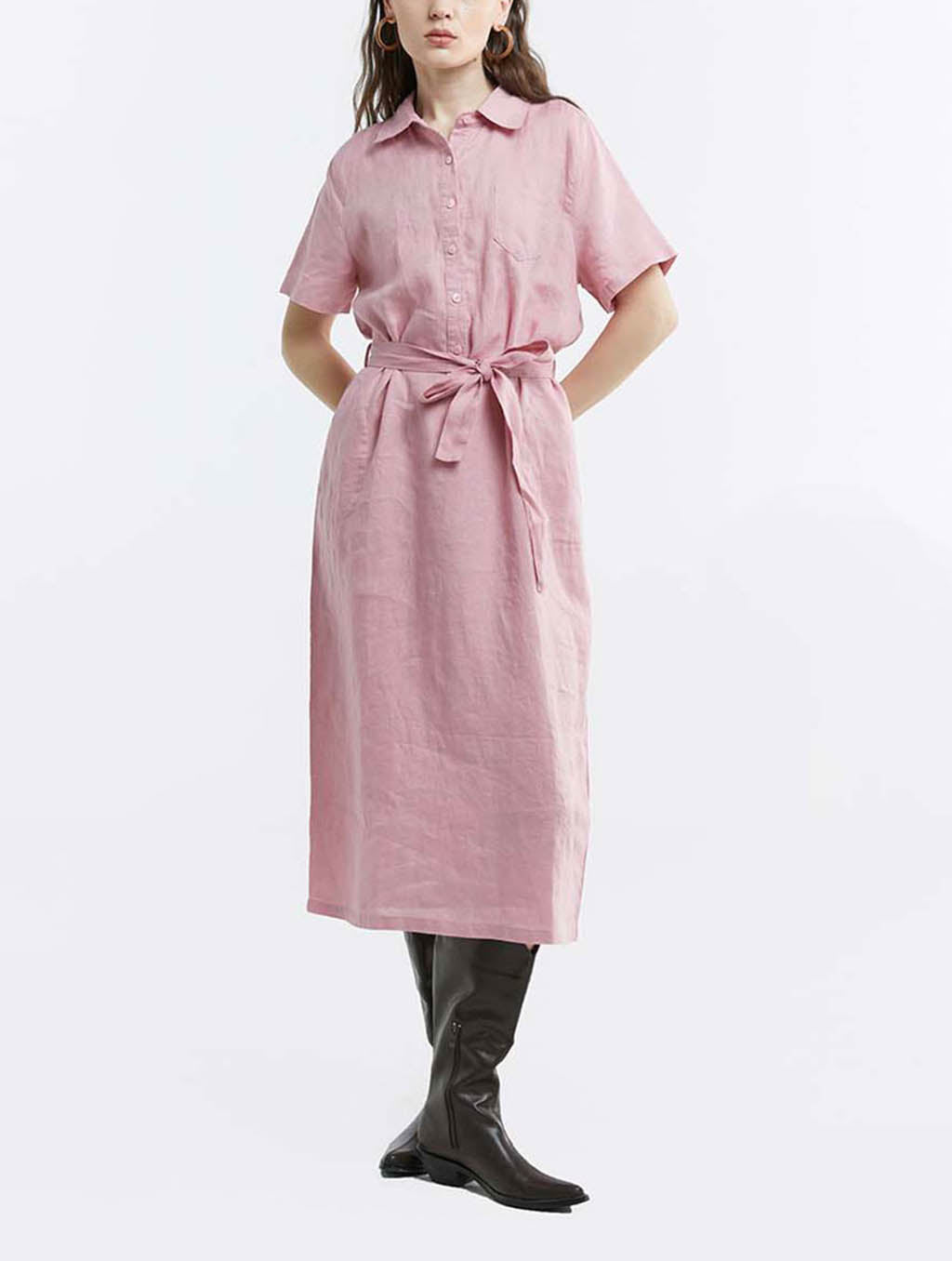 100% Linen Short Sleeve Belted Midi Dress