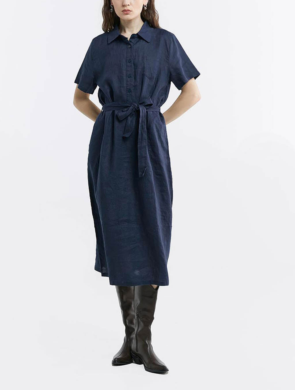 100% Linen Short Sleeve Belted Midi Dress