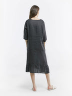 100% Linen V-neck Flounce Hem Midi Dress