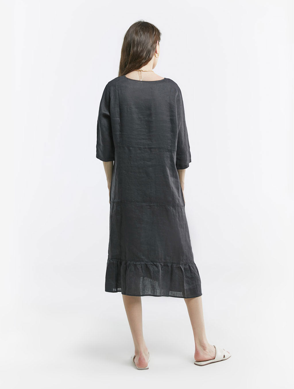 100% Linen V-neck Flounce Hem Midi Dress
