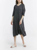 100% Linen V-neck Flounce Hem Midi Dress