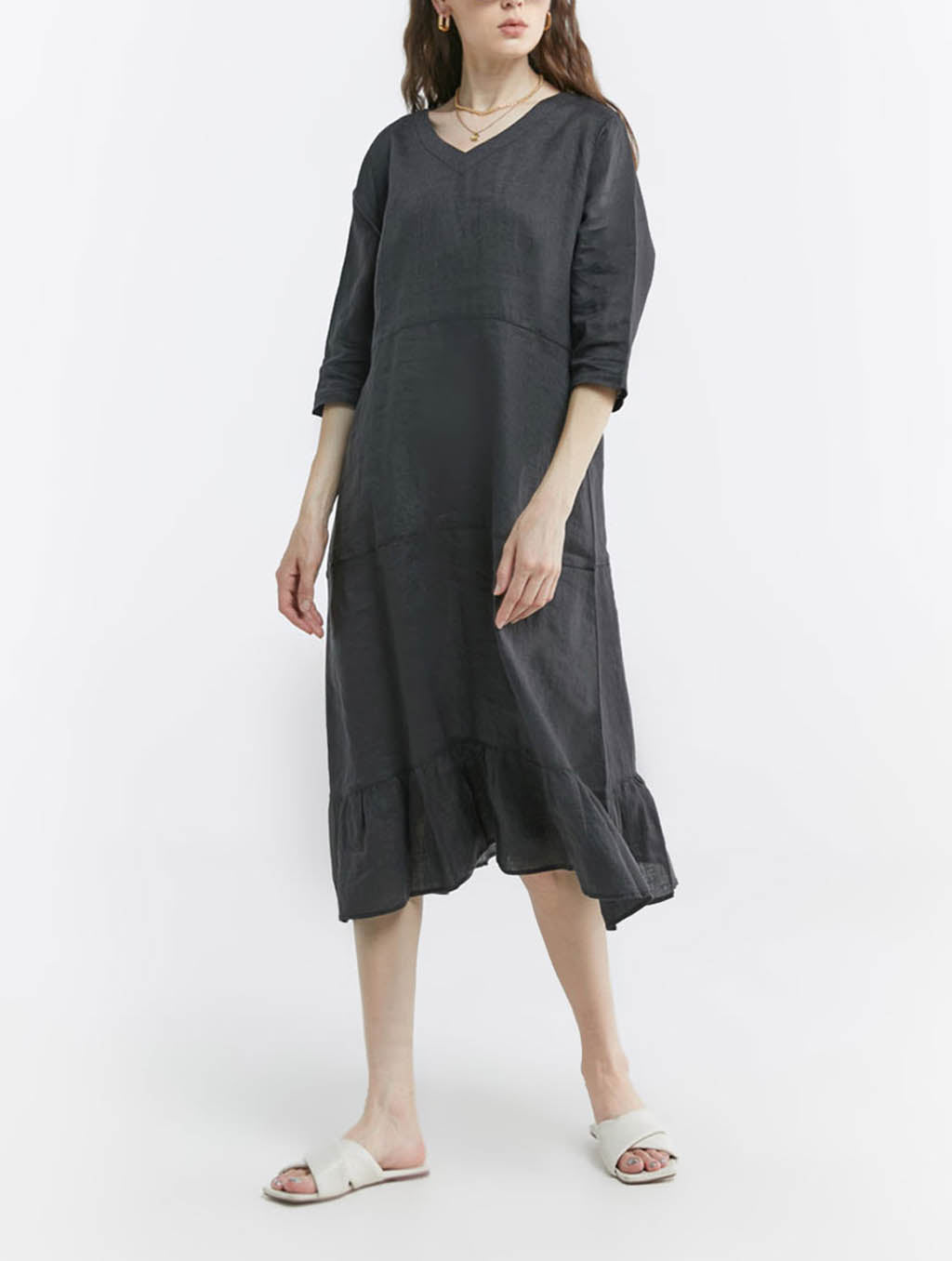 100% Linen V-neck Flounce Hem Midi Dress
