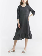 100% Linen V-neck Flounce Hem Midi Dress