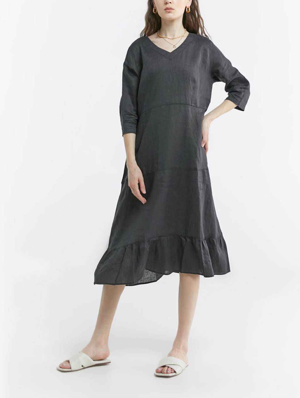 100% Linen V-neck Flounce Hem Midi Dress