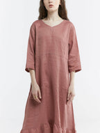 100% Linen V-neck Flounce Hem Midi Dress