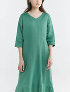 100% Linen V-neck Flounce Hem Midi Dress