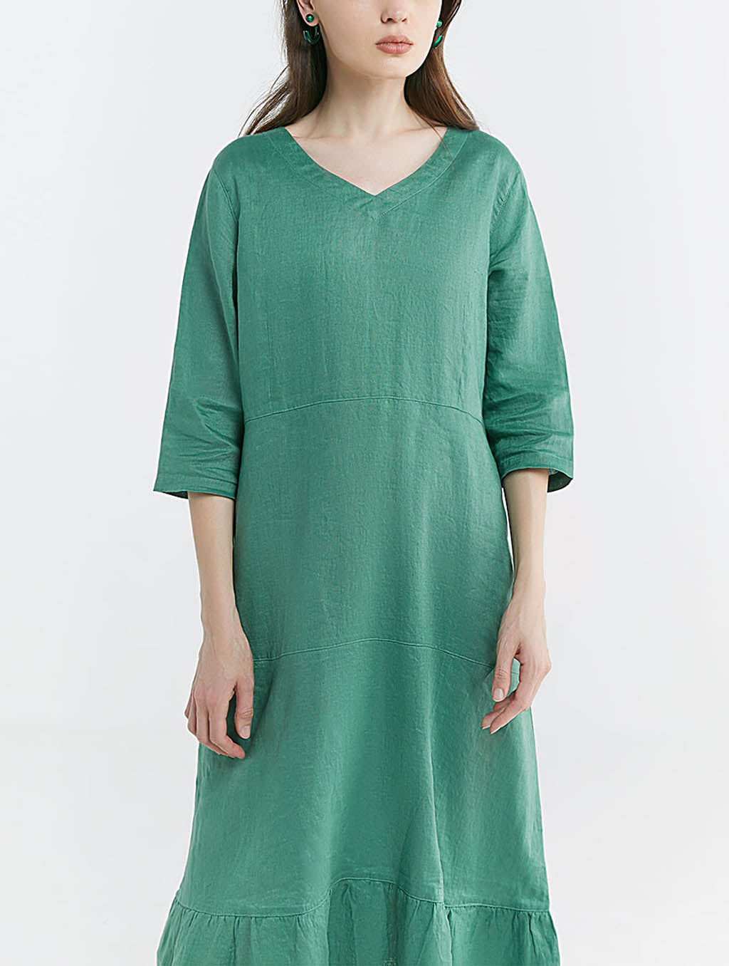 100% Linen V-neck Flounce Hem Midi Dress