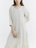 100% Linen V-neck Flounce Hem Midi Dress