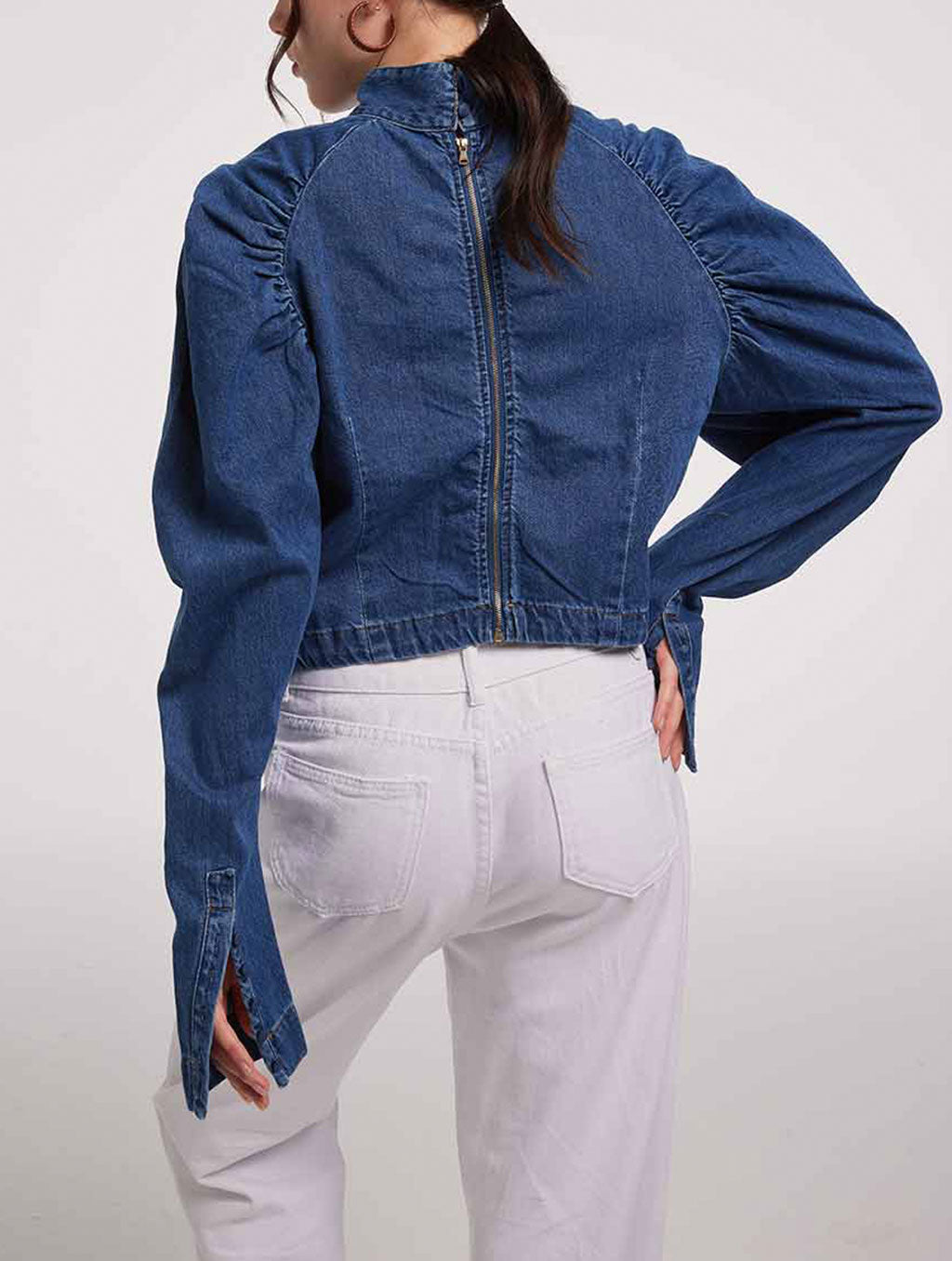 Back Zipper Puff Sleeve Denim Shirt