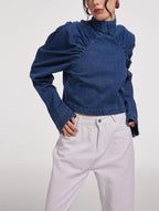 Back Zipper Puff Sleeve Denim Shirt