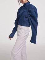 Back Zipper Puff Sleeve Denim Shirt