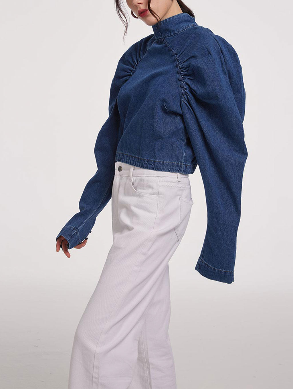 Back Zipper Puff Sleeve Denim Shirt