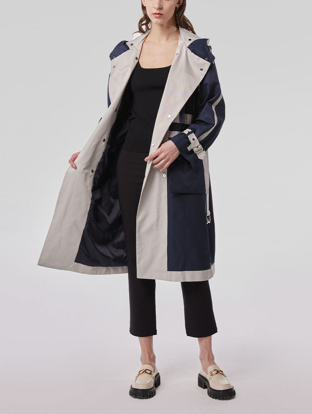 Color-block Trench Coat with Hood