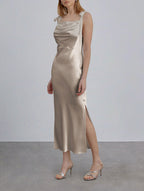 Cowl Neck Adjustable Straps Silk Dress