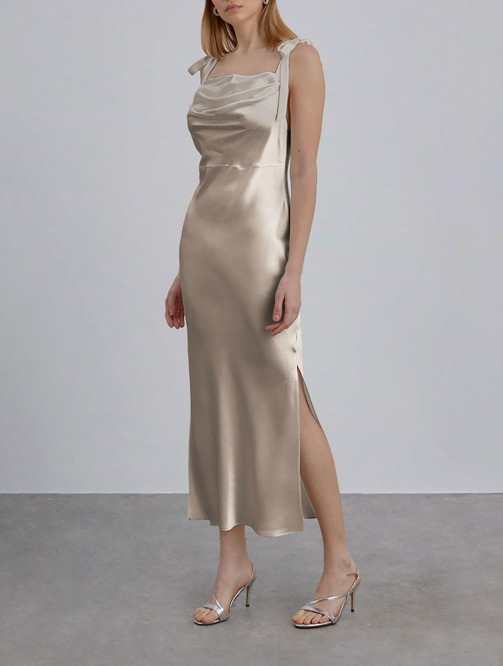 Cowl Neck Adjustable Straps Silk Dress